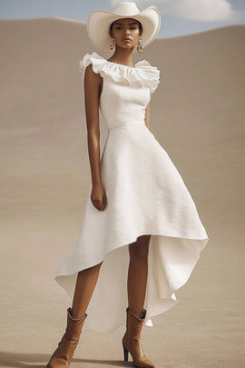 Ivory High-Low A Line Boho Western Wedding Dress with Ruffles