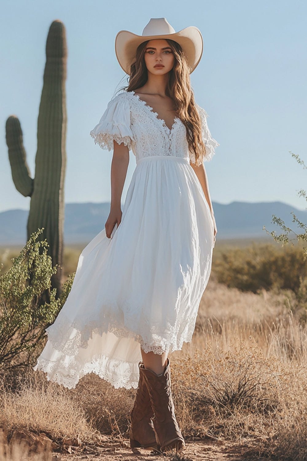 Ivory Short Sleeves Boho Maxi Western Wedding Dress with Lace