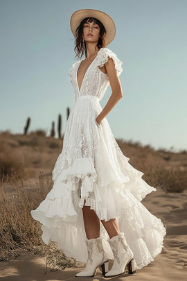 Ivory Boho High-Low Western Wedding Dress with Pockets Lace Ruffled A Line V-Neck Cowgirl Wedding Dress with Sleeves