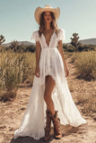 Ivory Boho Lace High-Low Western Wedding Dress V-Neck A Line Cowgirl Wedding Dress with Sleeves