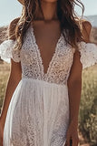 Lace Ivory Deep V-Neck Boho Maxi Western Wedding Dress with Ruffles