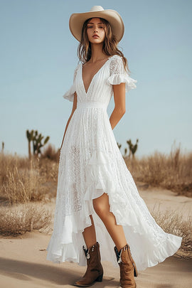 Ivory Lace Boho Western Wedding Dress with Sleeves A Line Deep V-Neck High-Low Cowgirl Wedding Dress