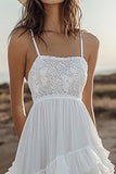 Chiffon Ivory Tiered High-Low Boho Western Wedding Dress with Lace