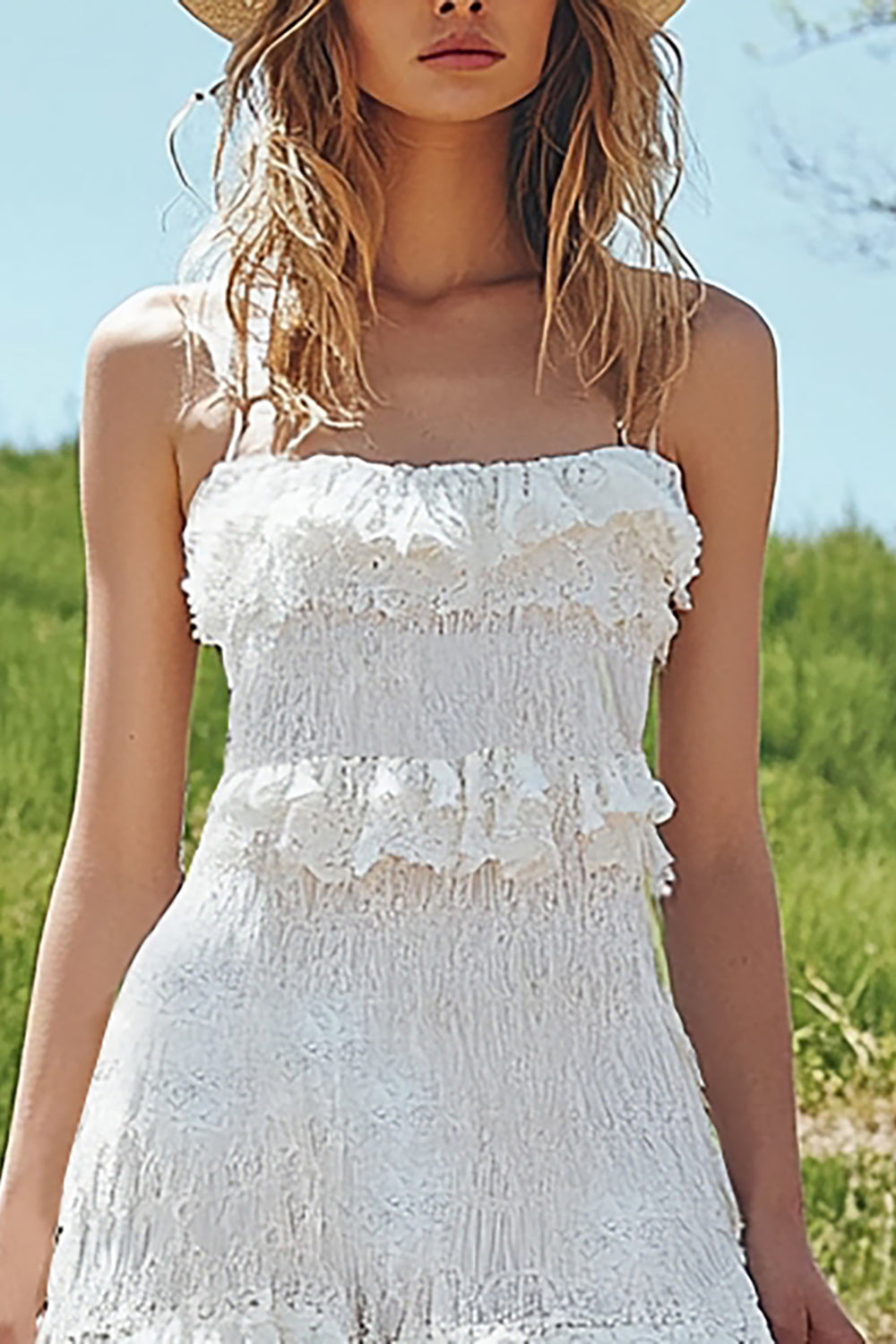 Boho Ivory Lace High-Low Western Wedding Dress with Ruffles