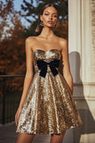 Sparkly Gold Sweetheart Sequin Short Cocktail Dress with Bow
