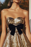 Sparkly Gold Sweetheart Sequin Short Cocktail Dress with Bow