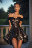 Sparkly Black Sequin A Line Off the Shoulder Short Cocktail Dress