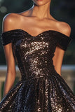 Sparkly Black Sequin A Line Off the Shoulder Short Cocktail Dress