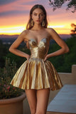 Sparkly Gold Sweetheart Metallic Short Cocktail Dress with Pleats
