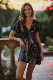 Sparkly Black Sequin V-Neck Short Cocktail Dress with Sleeves