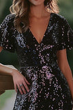 Sparkly Black Sequin V-Neck Short Cocktail Dress with Sleeves