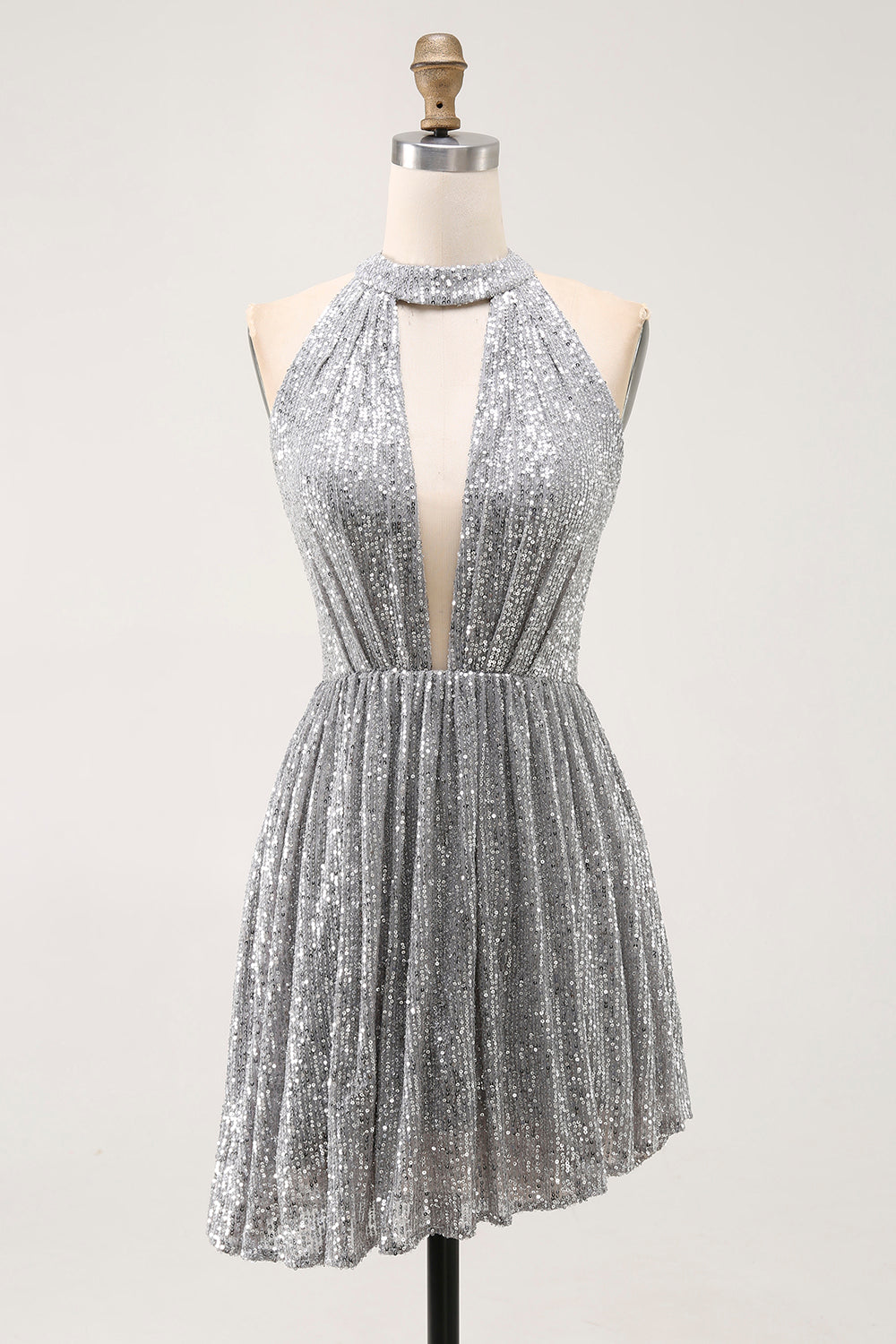 Sparkly Silver Sequin Halter Keyhole Short Cocktail Dress with Keyhole