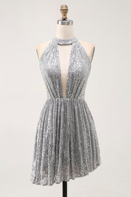 Sparkly Silver Sequin Halter Keyhole Short Cocktail Dress with Keyhole
