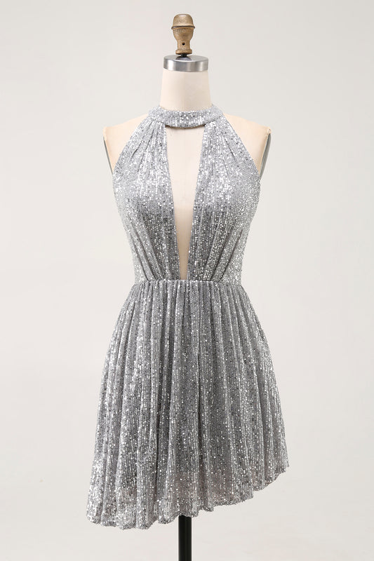 Sparkly Silver Sequin Halter Keyhole Short Cocktail Dress with Keyhole