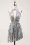 Sparkly Silver Sequin Halter Keyhole Short Cocktail Dress with Keyhole