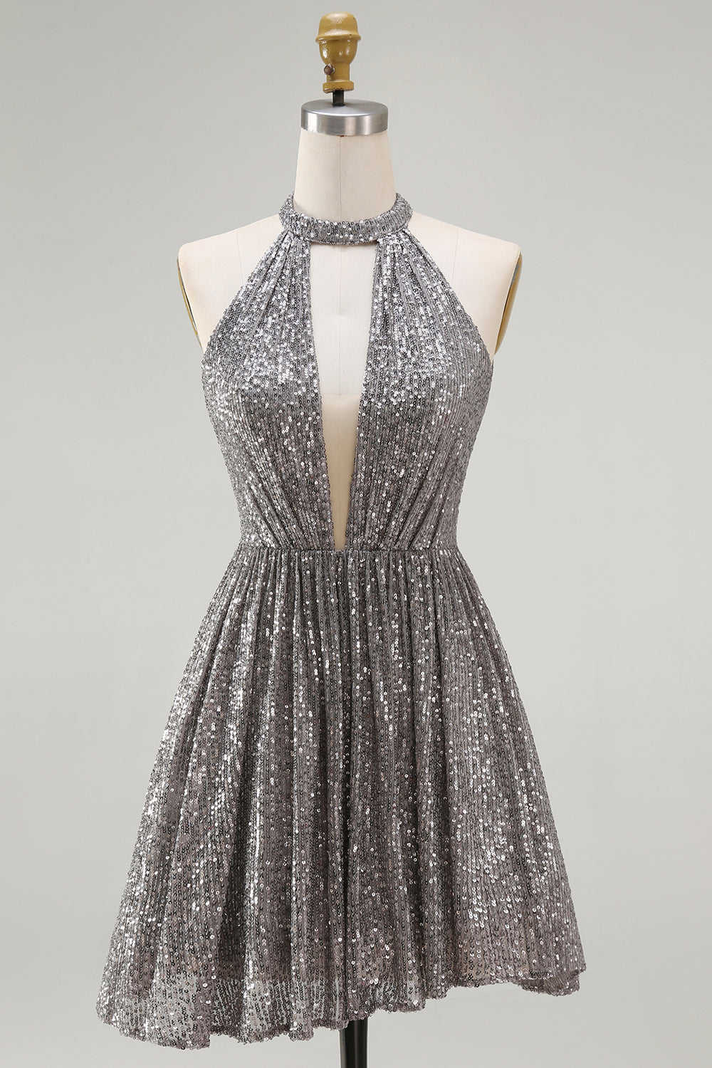 Sparkly Silver Halter Sequin Short Cocktail Dress with Keyhole