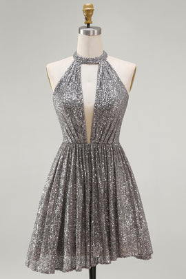Sparkly Silver Sequin Halter Keyhole Short Cocktail Dress with Keyhole