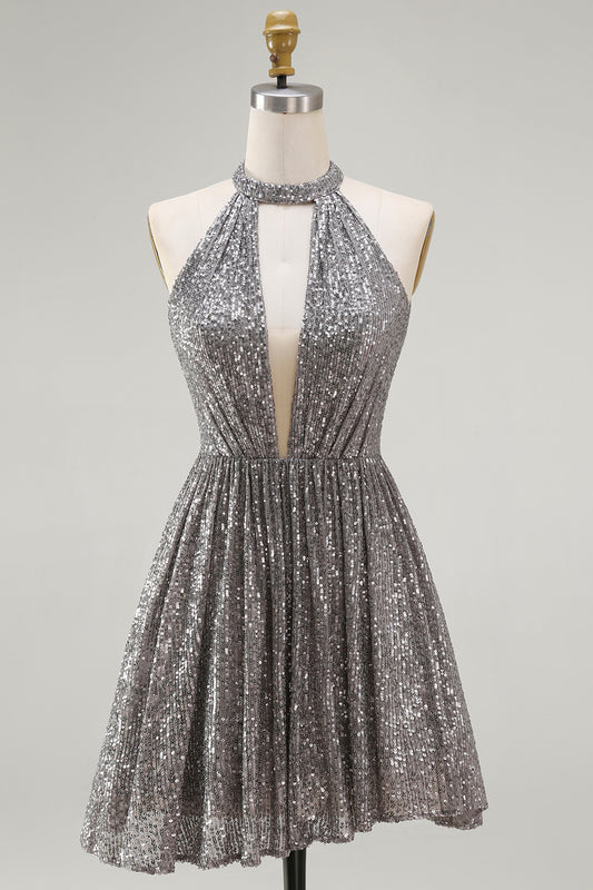 Sparkly Silver Sequin Halter Keyhole Short Cocktail Dress with Keyhole