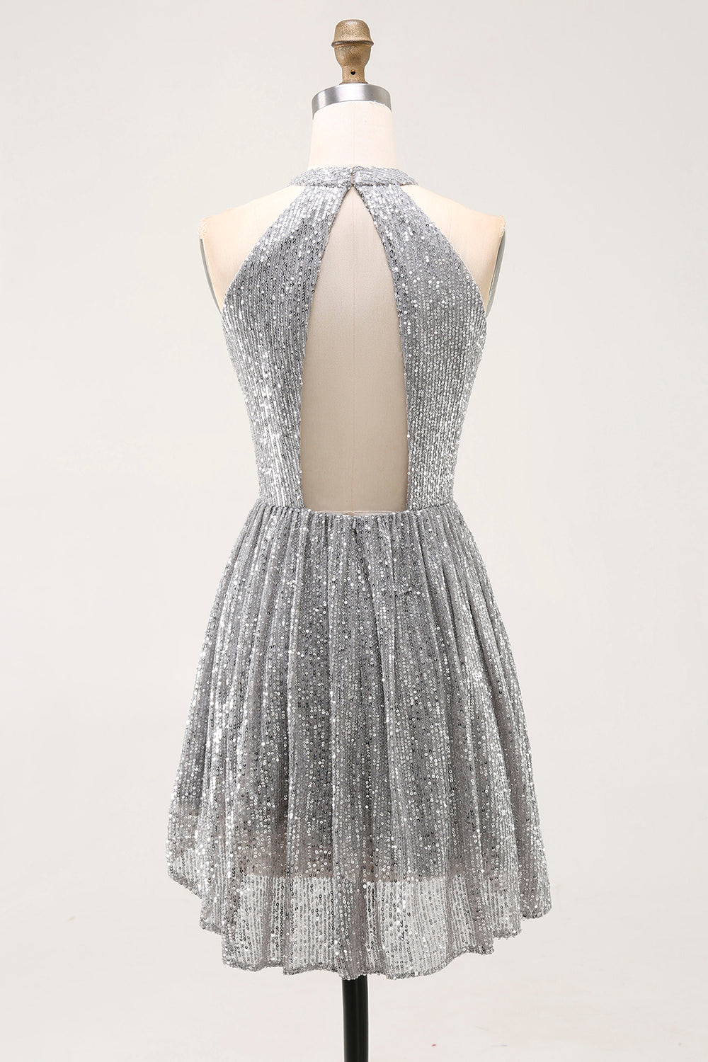 Sparkly Silver Sequin Halter Keyhole Short Cocktail Dress with Keyhole