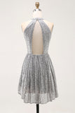 Sparkly Silver Sequin Halter Keyhole Short Cocktail Dress with Keyhole