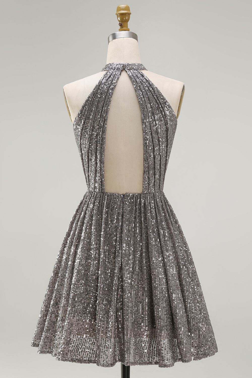 Sparkly Silver Halter Sequin Short Cocktail Dress with Keyhole