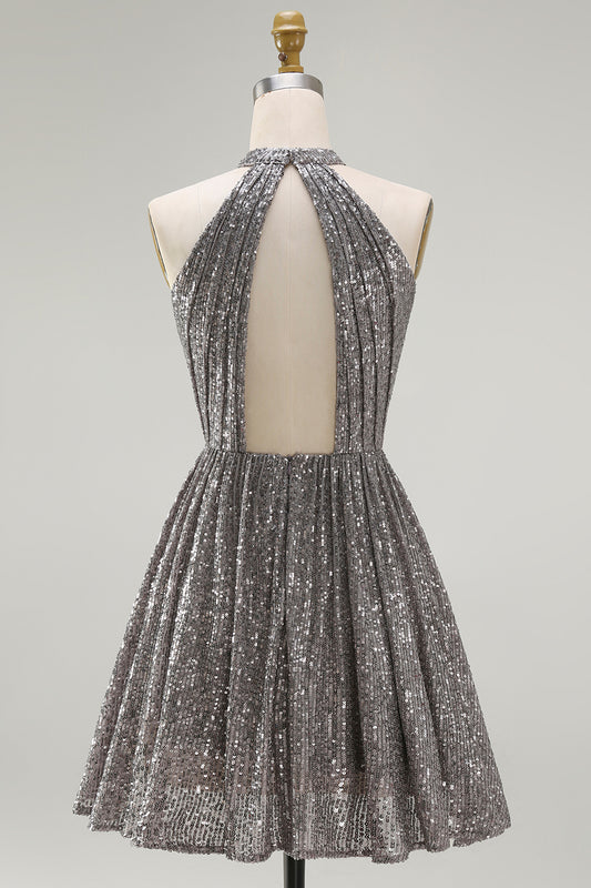 Sparkly Silver Sequin Halter Keyhole Short Cocktail Dress with Keyhole