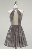 Sparkly Silver Halter Sequin Short Cocktail Dress with Keyhole