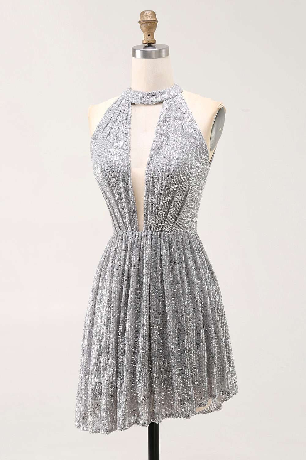 Sparkly Silver Sequin Halter Keyhole Short Cocktail Dress with Keyhole