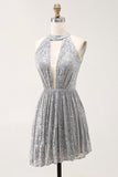 Sparkly Silver Sequin Halter Keyhole Short Cocktail Dress with Keyhole