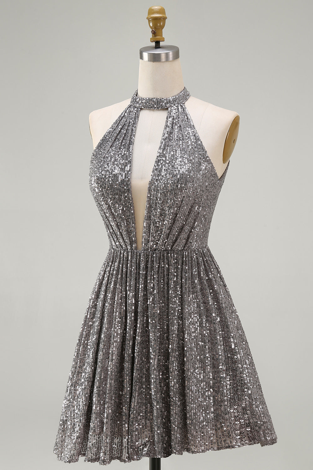 Sparkly Silver Sequin Halter Keyhole Short Cocktail Dress with Keyhole