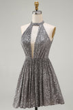 Sparkly Silver Sequin Halter Keyhole Short Cocktail Dress with Keyhole