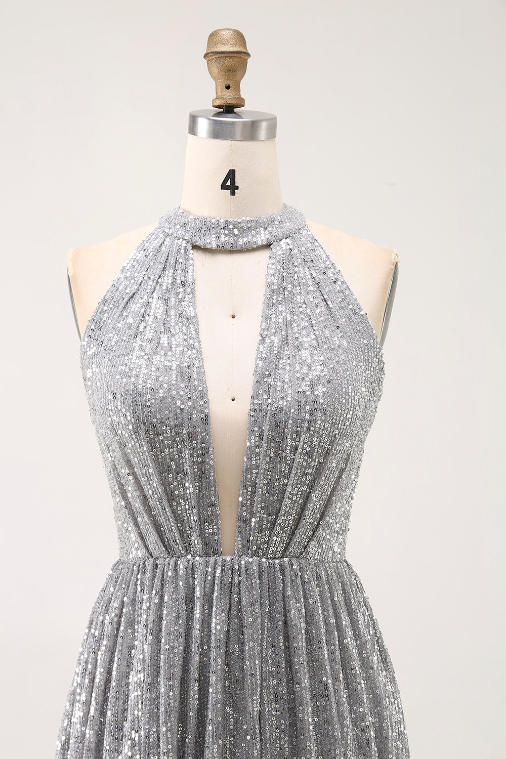 Sparkly Silver Sequin Halter Keyhole Short Cocktail Dress with Keyhole