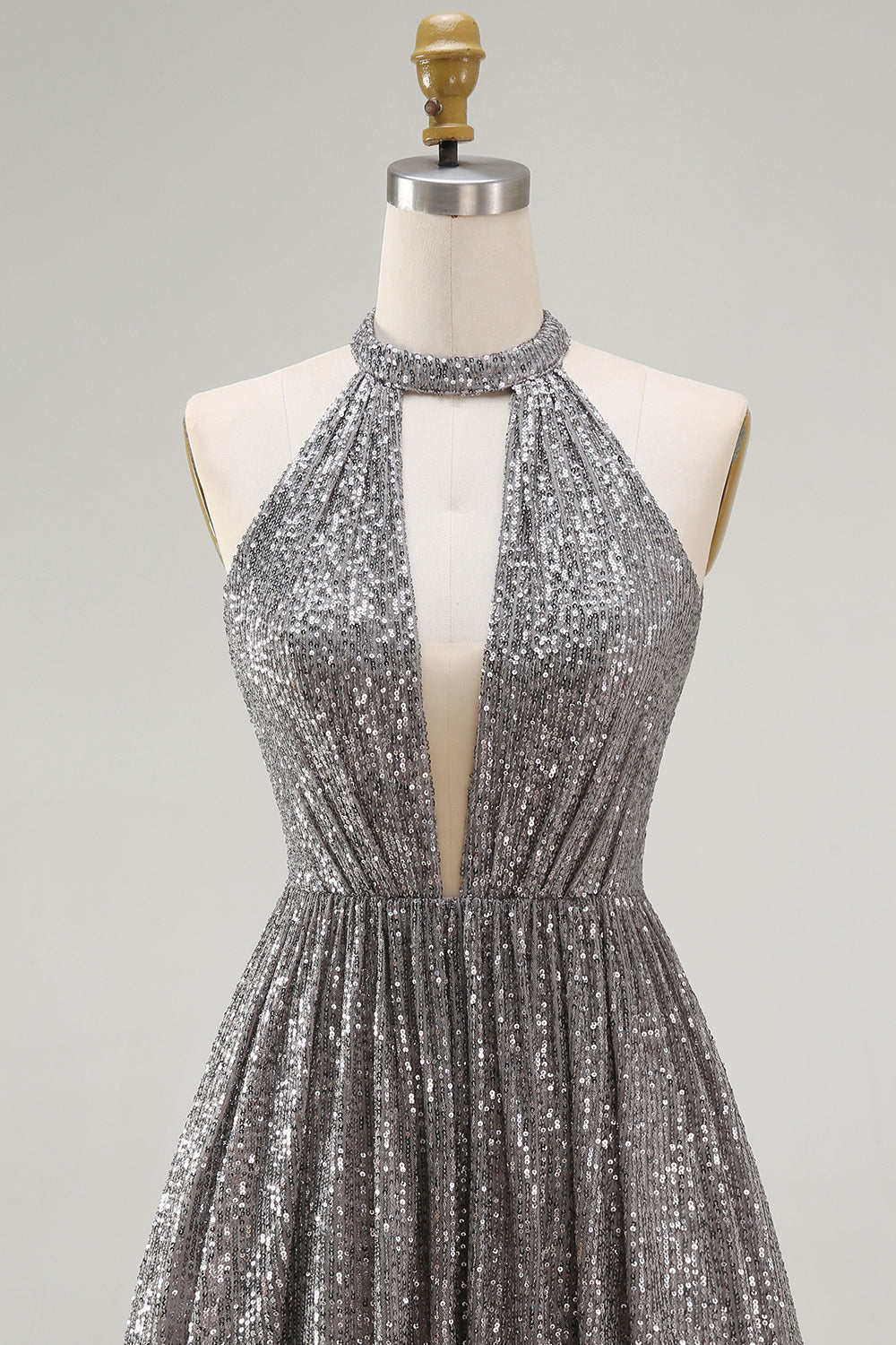 Sparkly Silver Sequin Halter Keyhole Short Cocktail Dress with Keyhole