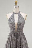 Sparkly Silver Sequin Halter Keyhole Short Cocktail Dress with Keyhole