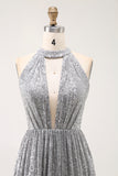Sparkly Silver Sequin Halter Keyhole Short Cocktail Dress with Keyhole