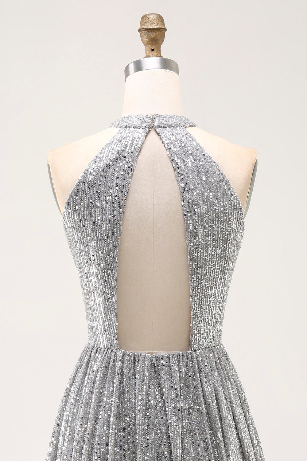 Sparkly Silver Sequin Halter Keyhole Short Cocktail Dress with Keyhole