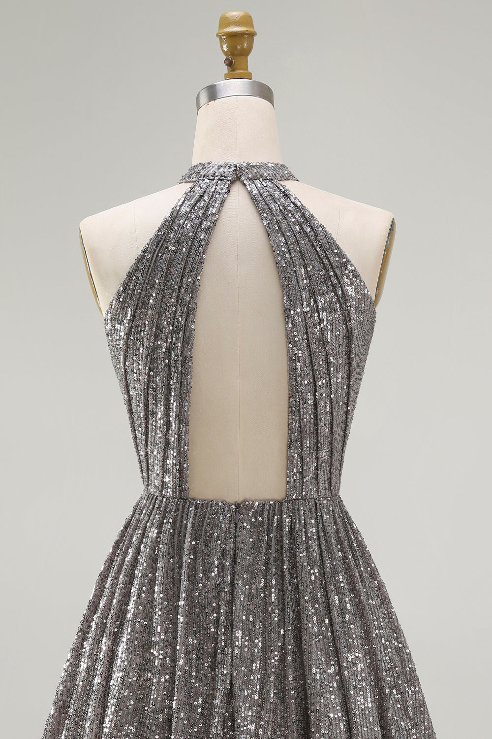Sparkly Silver Sequin Halter Keyhole Short Cocktail Dress with Keyhole