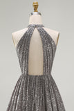 Sparkly Silver Sequin Halter Keyhole Short Cocktail Dress with Keyhole