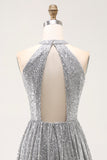 Sparkly Silver Sequin Halter Keyhole Short Cocktail Dress with Keyhole