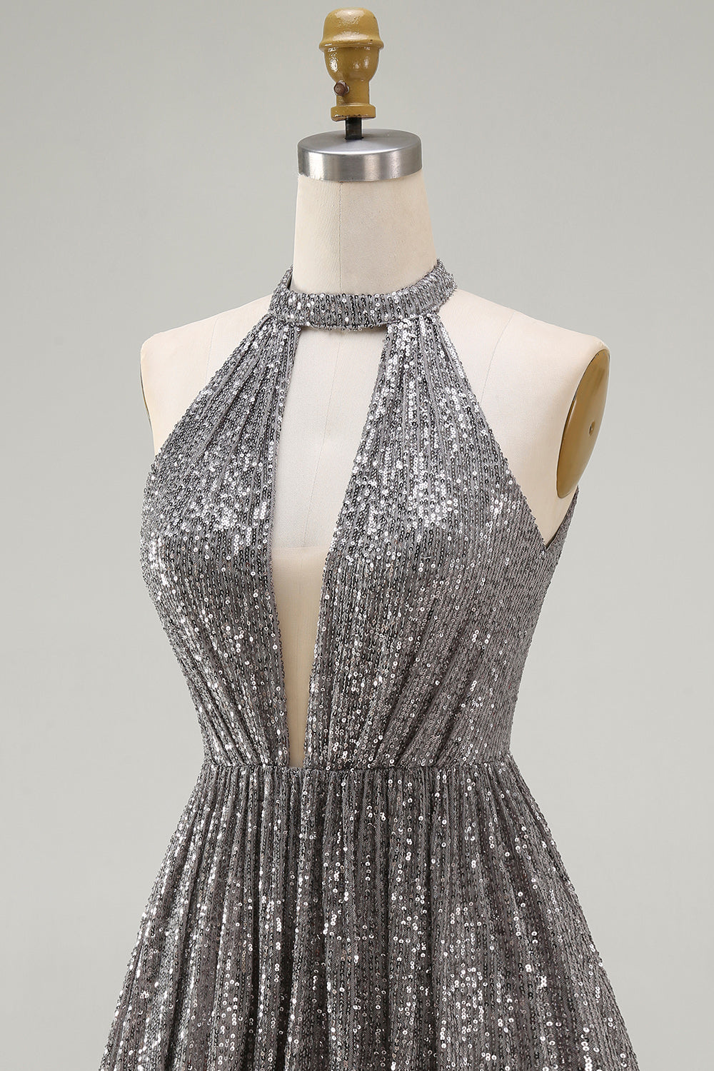 Sparkly Silver Sequin Halter Keyhole Short Cocktail Dress with Keyhole