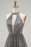 Sparkly Silver Sequin Halter Keyhole Short Cocktail Dress with Keyhole
