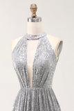 Sparkly Silver Sequin Halter Keyhole Short Cocktail Dress with Keyhole