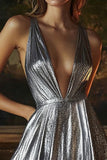 Sparkly Silver Grey Deep V-Neck Short Metallic Cocktail Dress