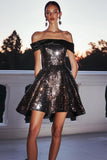 Sparkly Black A Line Off the Shoulder Short Sequin Cocktail Dress