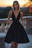 Black Velvet Deep V-Neck Short Cocktail Dress with Sash