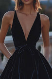 Black Velvet Deep V-Neck Short Cocktail Dress with Sash