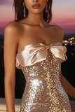 Sparkly Champagne Strapless Short Sequin Cocktail Dress with Bow