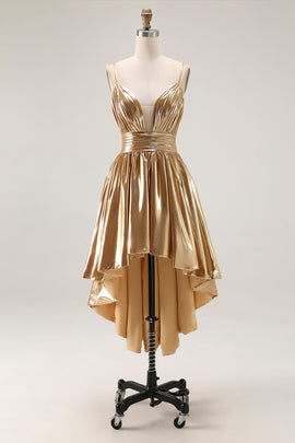 Sparkly Gold A Line Ruched High-Low Metallic Homecoming Dress