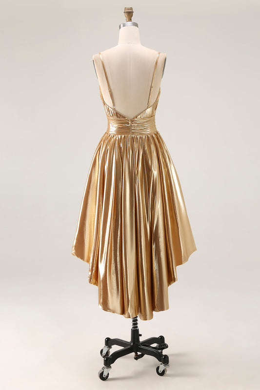 Sparkly Gold A Line Ruched High-Low Metallic Homecoming Dress