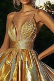 Sparkly Gold Metallic Ruched A Line High-Low Cocktail Homecoming Dress